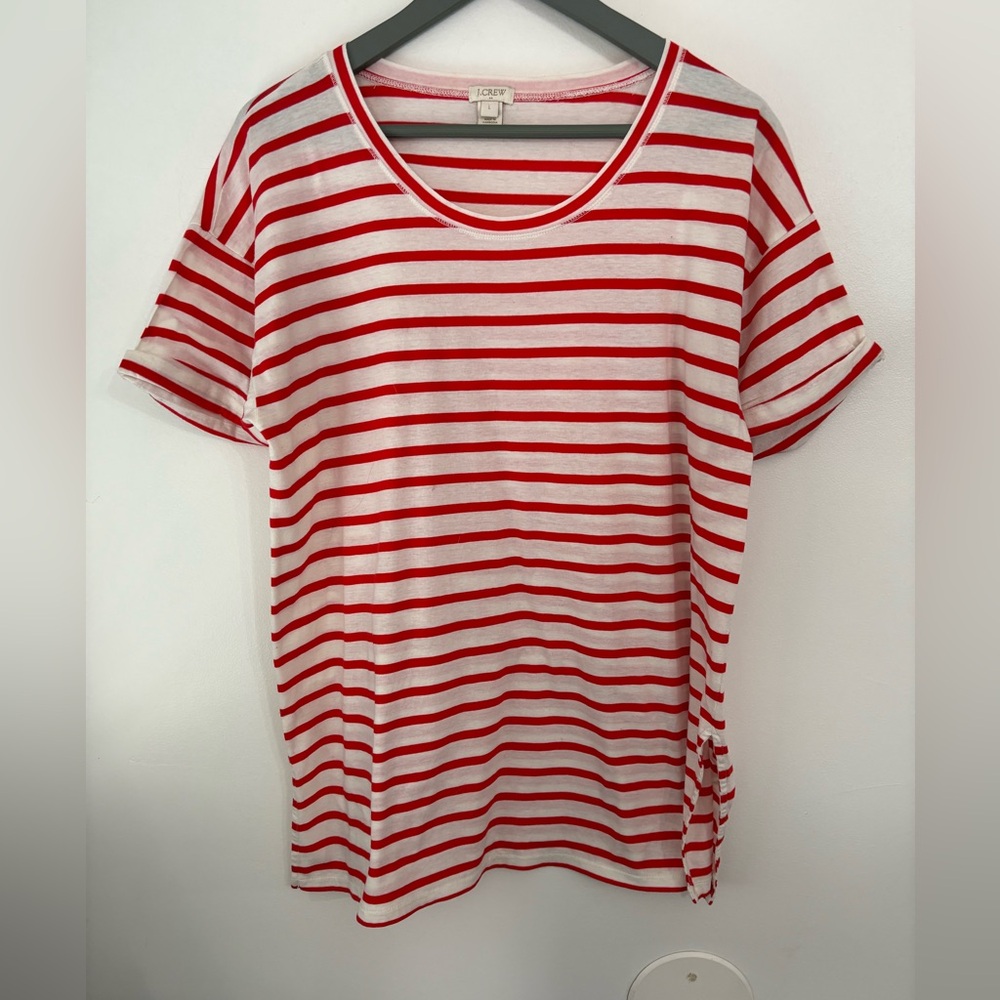 J crew Red and White Striped Cuffed Sleeve T-Shirt Size Large